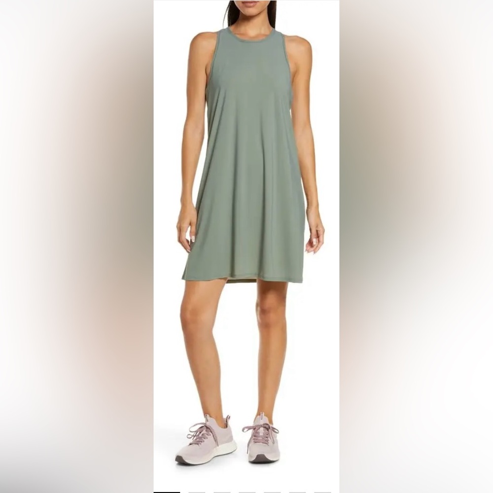 Gently worn Sweaty Betty Explorer Ace Racerback dress in heathered green, size S